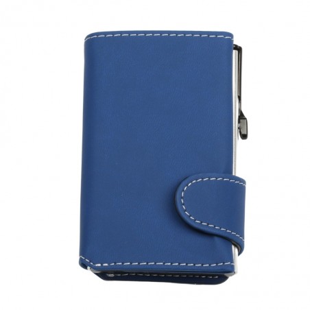 Vista frontale del portafoglio EasyCard blu royal da chiuso, con rifiniture bianche e meccanismo laterale in alluminio silver.