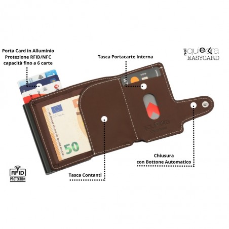 Vista interna del portafoglio marrone con scomparti: tasca contanti, slot carte, chiusura automatica e protezione RFID/NFC.