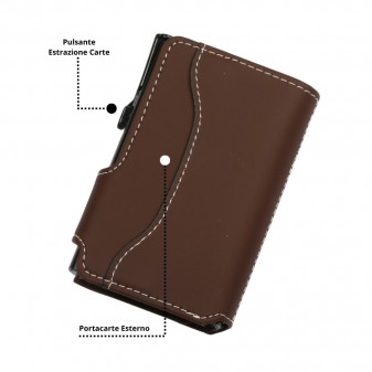Retro del portafoglio EasyCard marrone con portacarte esterno sagomato e pulsante di estrazione laterale per le carte.