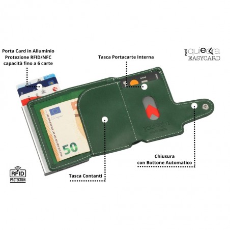 Portafoglio aperto in ecopelle verde con tasca contanti, slot portacarte interno, porta card in alluminio e chiusura con bottone automatico.