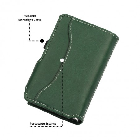 Retro del portafoglio EasyCard verde con portacarte esterno sagomato e pulsante di espulsione laterale per le carte.