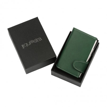Portafoglio EasyCard in ecopelle verde bosco con cuciture bianche, confezionato in elegante scatola rigida nera con logo NelQuieOra.