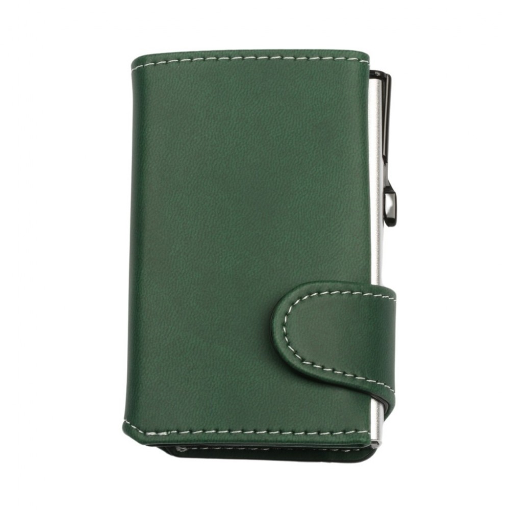 Vista frontale del portafoglio EasyCard verde bosco da chiuso, con porta carte silver visibile lateralmente.