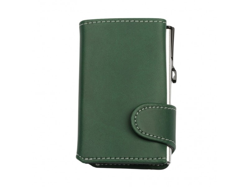 Vista frontale del portafoglio EasyCard verde bosco da chiuso, con porta carte silver visibile lateralmente.