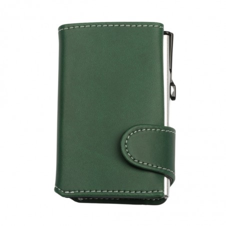 Vista frontale del portafoglio EasyCard verde bosco da chiuso, con porta carte silver visibile lateralmente.