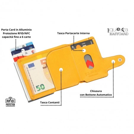 Portafoglio EasyCard in ecopelle gialla aperto, con tasca contanti, slot portacarte interno, porta card in alluminio e chiusura a bottone automatico.