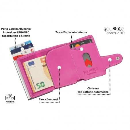 Portafoglio EasyCard fucsia aperto, con tasca contanti, slot portacarte interno, porta card in alluminio e chiusura con bottone automatico.