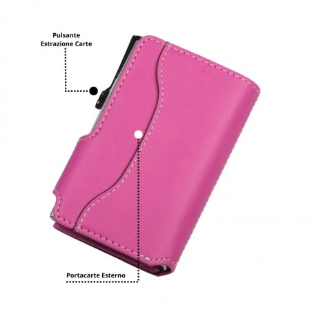 Retro del portafoglio EasyCard in ecopelle fucsia, con portacarte esterno sagomato e pulsante laterale per estrazione carte.