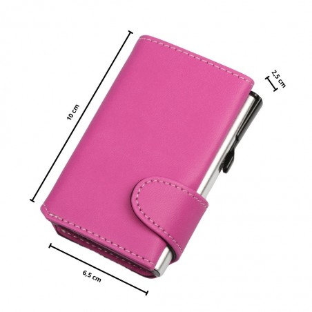 Portafoglio EasyCard fucsia con misure: altezza 10 cm, larghezza 6,5 cm, spessore 2,5 cm.