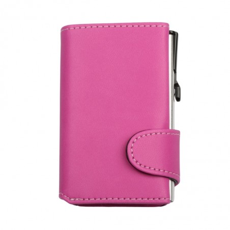 Vista frontale del portafoglio EasyCard fucsia chiuso, con struttura in alluminio visibile sul lato.