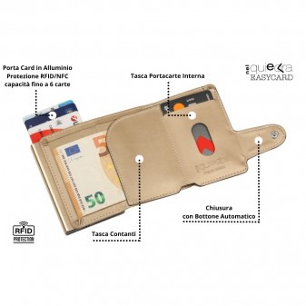 Portafoglio color oro aperto con tasca banconote, slot portacarte interno e portacarte estraibile RFID in alluminio
