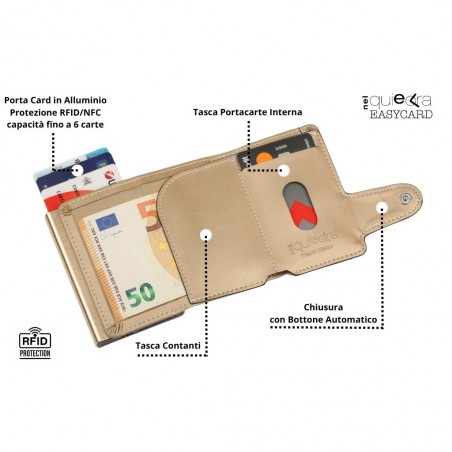 Portafoglio color oro aperto con tasca banconote, slot portacarte interno e portacarte estraibile RFID in alluminio