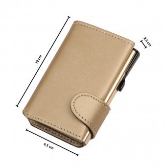 Portafoglio compatto color oro in ecopelle con portacarte in alluminio, protezione RFID/NFC, dimensioni 10x6.5x2.5 cm