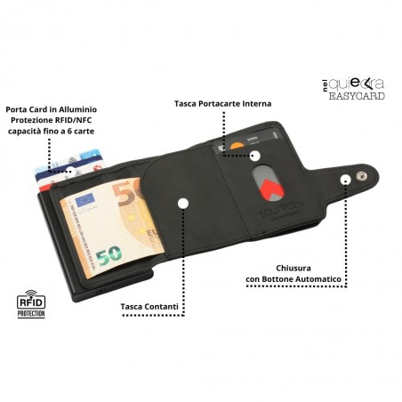 Portafoglio aperto nero con tasca per contanti, due portacarte interni, porta card in alluminio RFID e chiusura con bottone automatico.