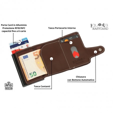 Interno del portacarte aperto con porta card in alluminio, tasca per contanti, tasca portacarte interna e chiusura a bottone automatico.