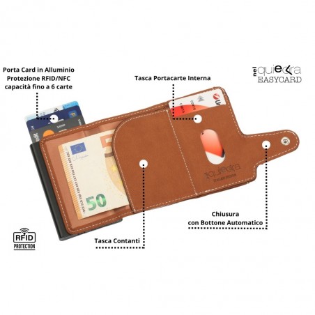 Interno con porta carte in alluminio RFID, tasca contanti e slot interno.