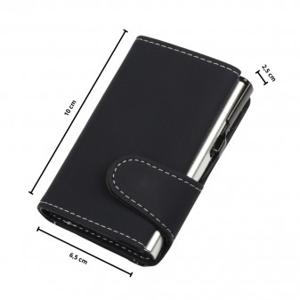 Portafoglio trifold nero soft touch, 10 × 6,5 × 2,5 cm, con meccanismo di espulsione carte silver RFID.
