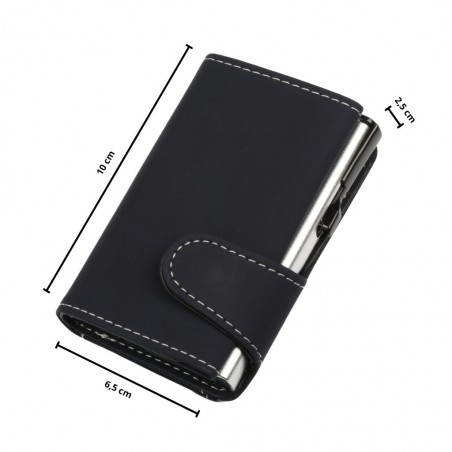 Portafoglio trifold nero soft touch, 10 × 6,5 × 2,5 cm, con meccanismo di espulsione carte silver RFID.