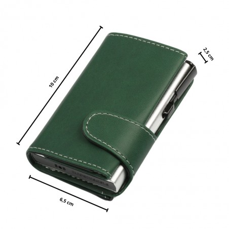 Portafoglio trifold verde soft touch, 10 × 6,5 × 2,5 cm, con meccanismo di espulsione carte silver RFID.