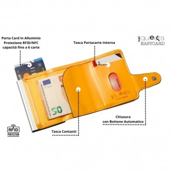Interno del portafoglio trifold giallo soft touch con porta carte in alluminio RFID, tasca contanti e slot interno.