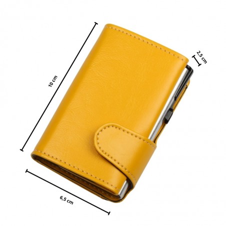 Portafoglio trifold giallo soft touch, 10 × 6,5 × 2,5 cm, con meccanismo di espulsione carte silver RFID.