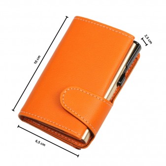 Portafoglio trifold arancione soft touch, 10 × 6,5 × 2,5 cm, con meccanismo di espulsione carte gold RFID