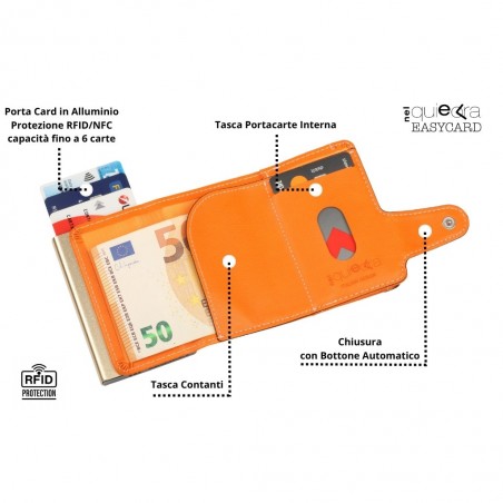 Interno del portafoglio trifold arancione soft touch con porta carte in alluminio RFID, tasca contanti e slot interno.
