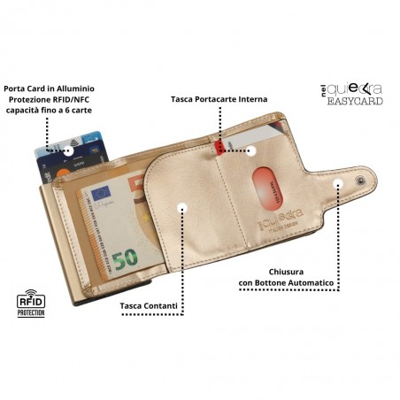 Interno del portafoglio trifold oro soft touch con porta carte in alluminio RFID, tasca contanti e slot interno.