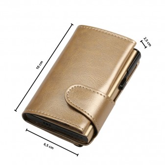 Portafoglio trifold oro soft touch, 10 × 6,5 × 2,5 cm, con meccanismo di espulsione carte gold RFID.