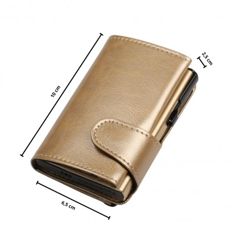 Portafoglio trifold oro soft touch, 10 × 6,5 × 2,5 cm, con meccanismo di espulsione carte gold RFID.