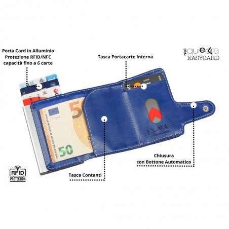 Interno del portafoglio trifold blu soft touch con porta carte in alluminio RFID, tasca contanti e slot interno.