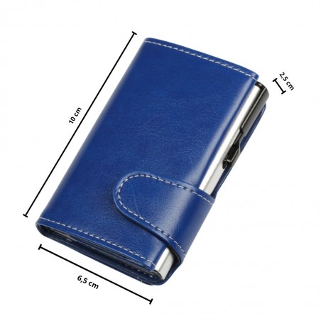 Portafoglio trifold blu soft touch, 10 × 6,5 × 2,5 cm, con meccanismo di espulsione carte silver RFID.