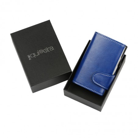 Portafoglio trifold blu soft touch in confezione rigida nera con logo NelQuieOra.