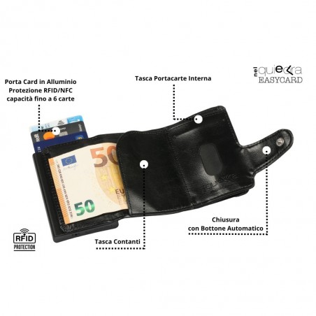 Interno del portafoglio trifold nero lucido con porta carte in alluminio nero opaco RFID, tasca contanti e slot interno.