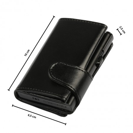 Portafoglio trifold nero lucido, 10 × 6,5 × 2,5 cm, con meccanismo di espulsione carte nero opaco RFID.