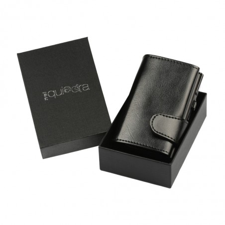 Portafoglio trifold nero lucido in confezione rigida nera con logo NelQuieOra.
