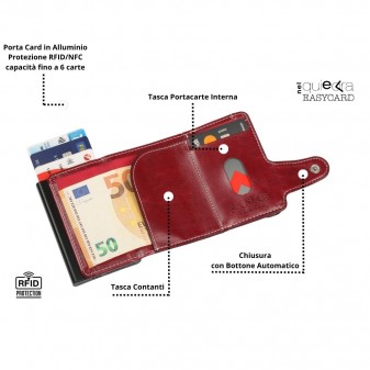 Interno del portafoglio trifold rosso soft touch con porta carte in alluminio nero RFID, tasca contanti e slot interno.