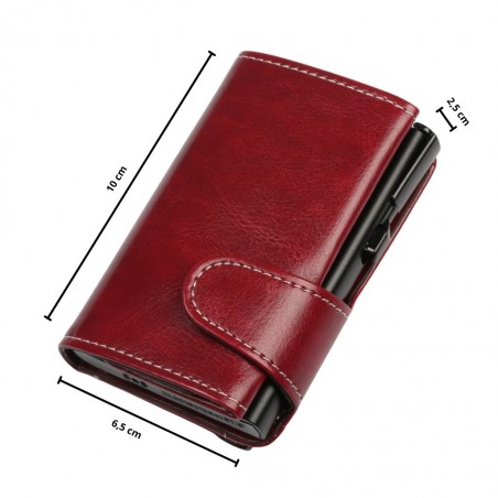 Portafoglio trifold rosso soft touch, 10 × 6,5 × 2,5 cm, con meccanismo di espulsione carte nero RFID.