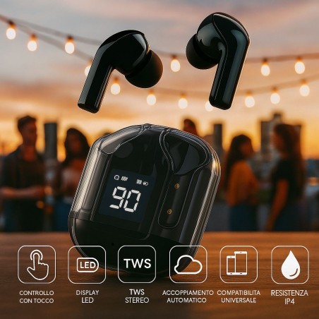 Custodia auricolari TWS neri con LED attivo e icone Bluetooth 5.3, cancellazione rumore, batteria e comfort