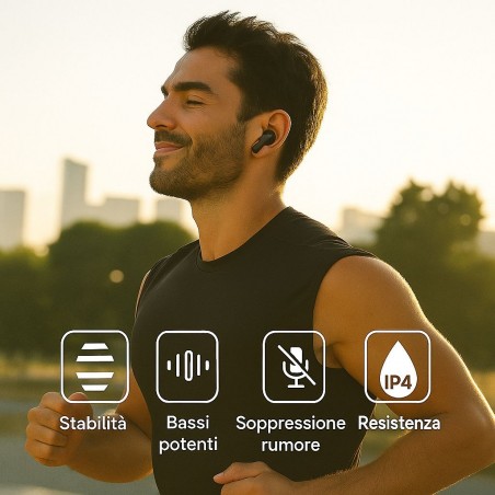 Uomo che corre con auricolari TWS neri; focus su stabilità, bassi potenti, resistenza IP4 e soppressione del rumore