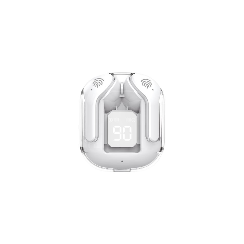 Vista frontale auricolari wireless TWS bianchi in custodia con display digitale attivo