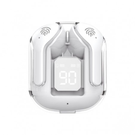 Vista frontale auricolari wireless TWS bianchi in custodia con display digitale attivo