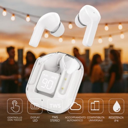 Custodia LED con auricolari wireless TWS bianchi e icone funzioni: touch, TWS, resistenza IP4, compatibilità universale