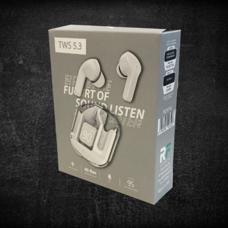 Confezione ufficiale auricolari TWS bianchi – Bluetooth 5.3 Hi‑Res con dettagli tecnici visibili