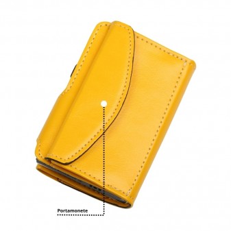 Retro del portafoglio trifold giallo soft touch con portamonete a patta e chiusura a pressione.
