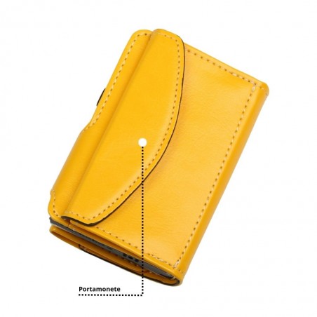 Retro del portafoglio trifold giallo soft touch con portamonete a patta e chiusura a pressione.