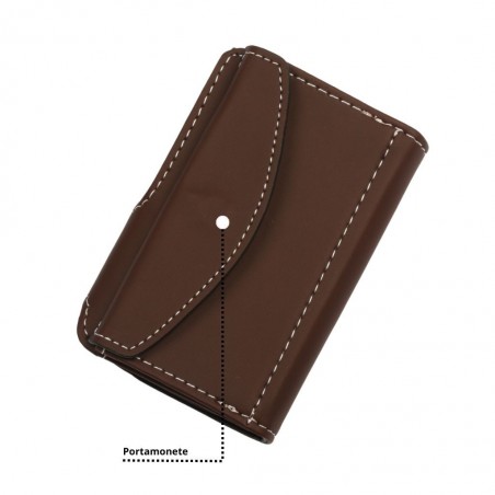 Retro del portacarte marrone con portacarte esterno integrato.