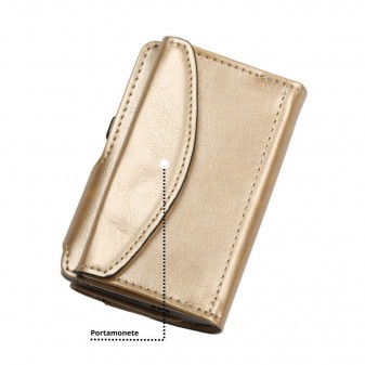 Retro del portafoglio trifold oro soft touch con portamonete a patta e chiusura a pressione.