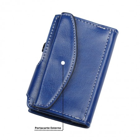 Retro del portafoglio trifold blu soft touch con portamonete a patta e chiusura a pressione.