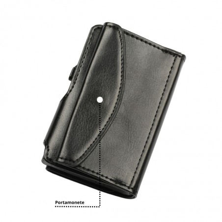Retro del portafoglio trifold nero lucido con portamonete a patta e chiusura a pressione.